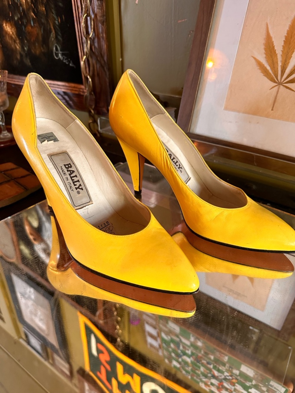 Vintage Deadstock Bally Yellow Pointed-Toe Leather Pumps